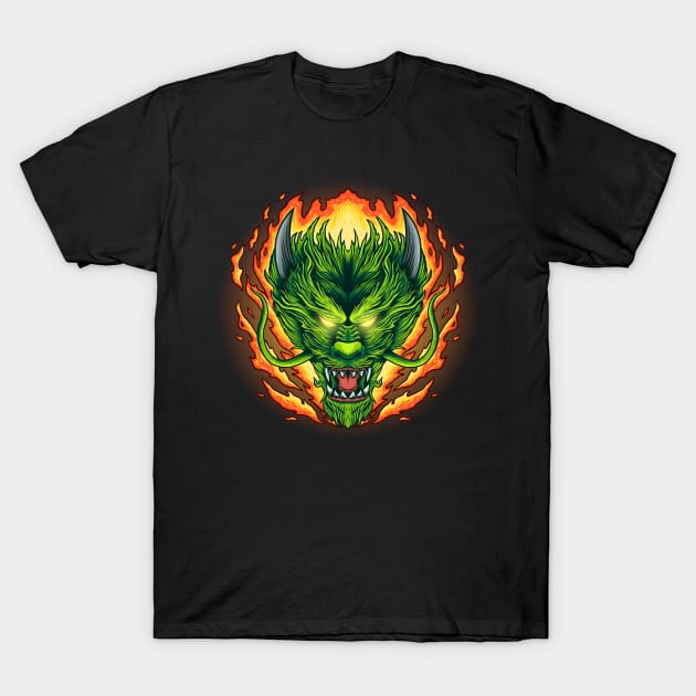 Dragon head on fire T-Shirt by Dimas Haryo